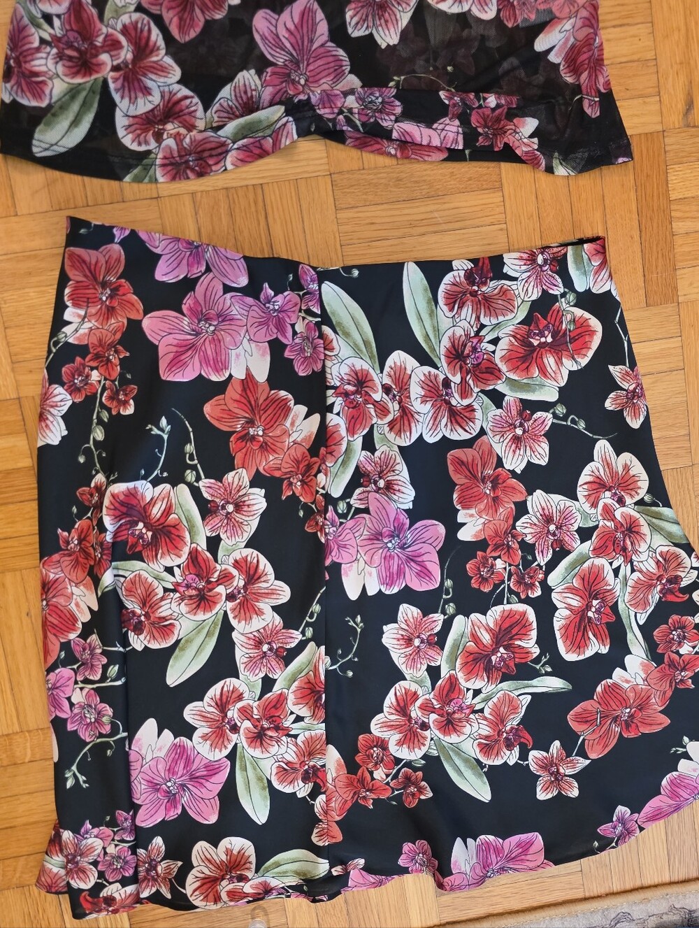 Floral A-Line Skirt in Black with Pink & Red Blooms- Never Worn